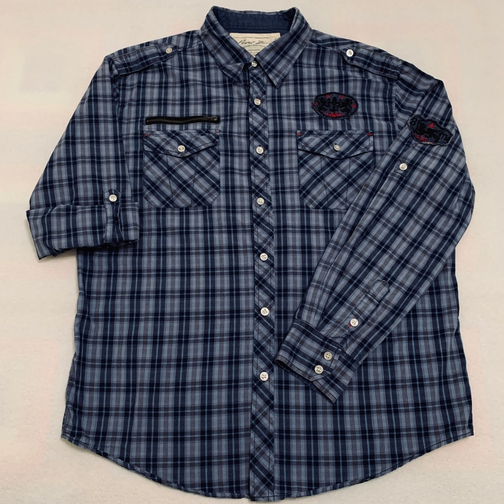 Point Zero Men's Large Blue Plaid Button Up Long Sleeve Roll Tab Shirt‎ Military